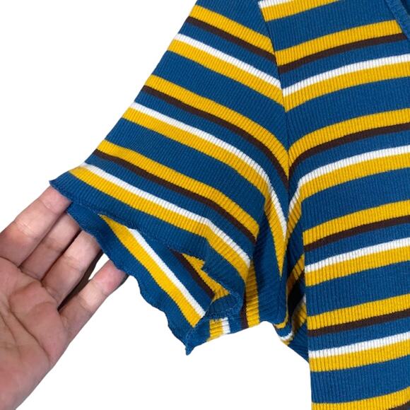 Zara Blue & Yellow Multicolor Striped Short Sleeve Cropped Top Women Sz L - Picture 4 of 7